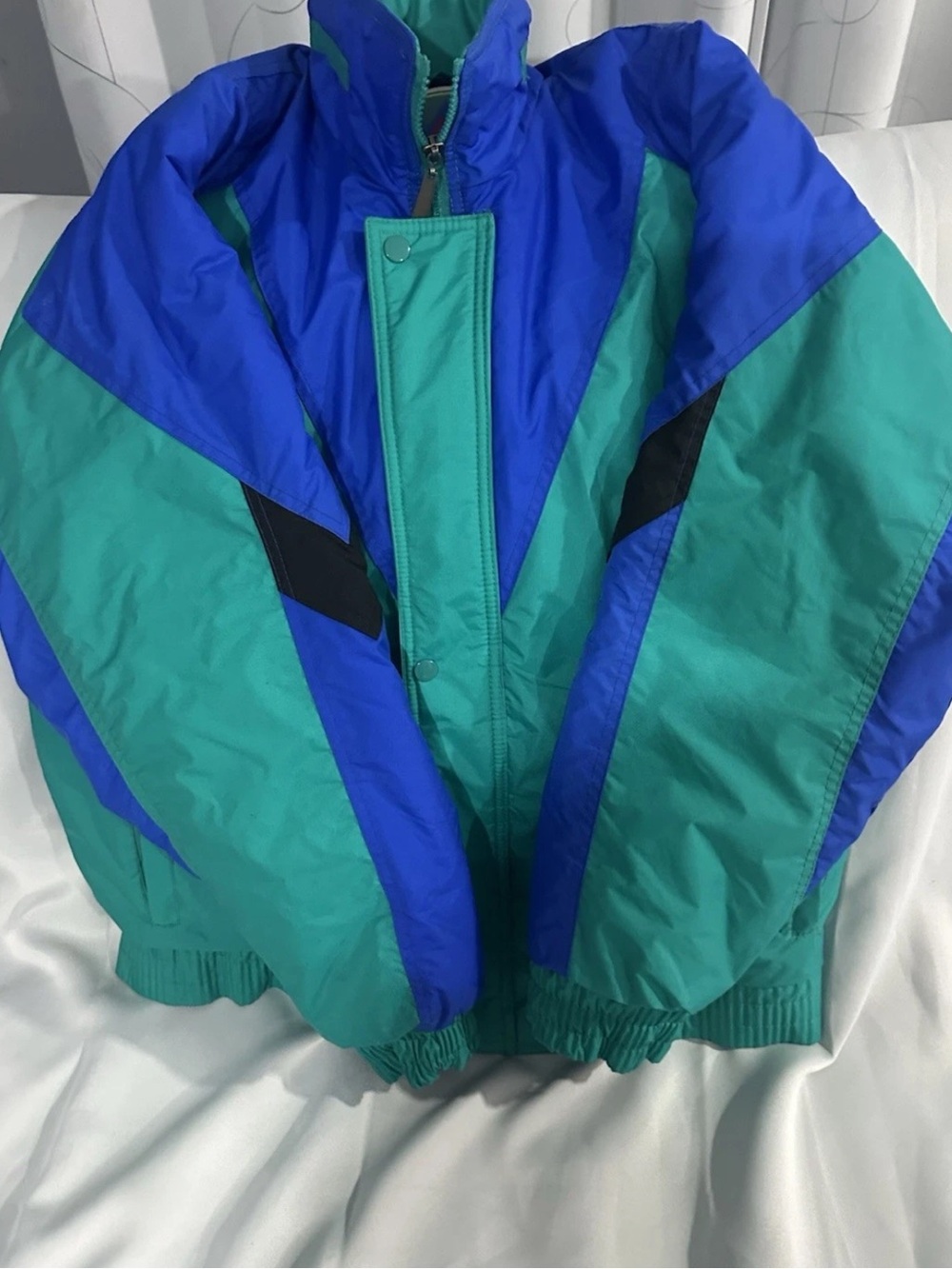 VTG 80s 90s Steep Slopes Adult Medium Blue Green Ski Winter Jacket Zip Snap